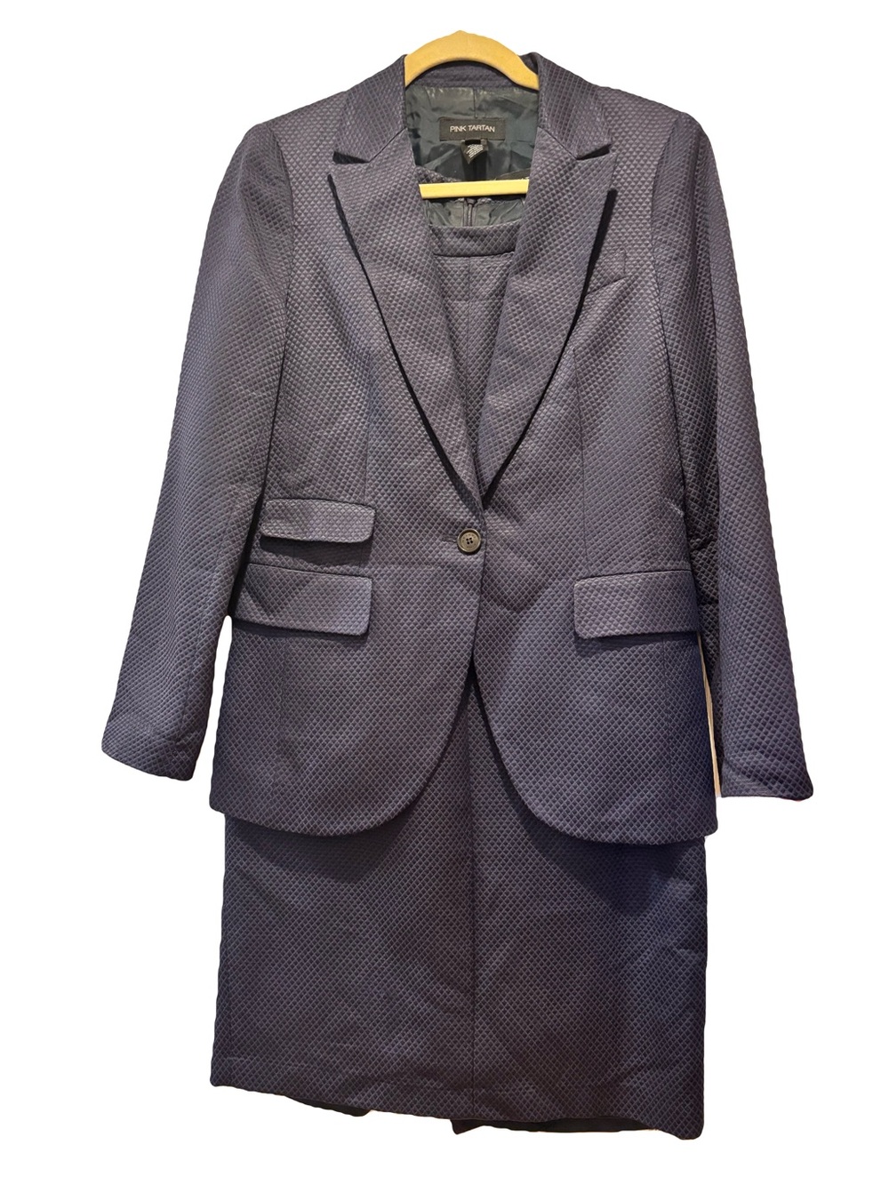 Pink Tartan Two Piece Textured Navy Blue Diamond Blazer and Dress Set Size 6